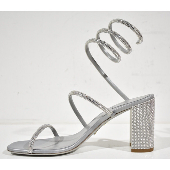 Rene Caovilla Cleo Grey Silver Crystal Wrap Strap Sandal Block Heel Pump 37.5 - Picture 8 of 12